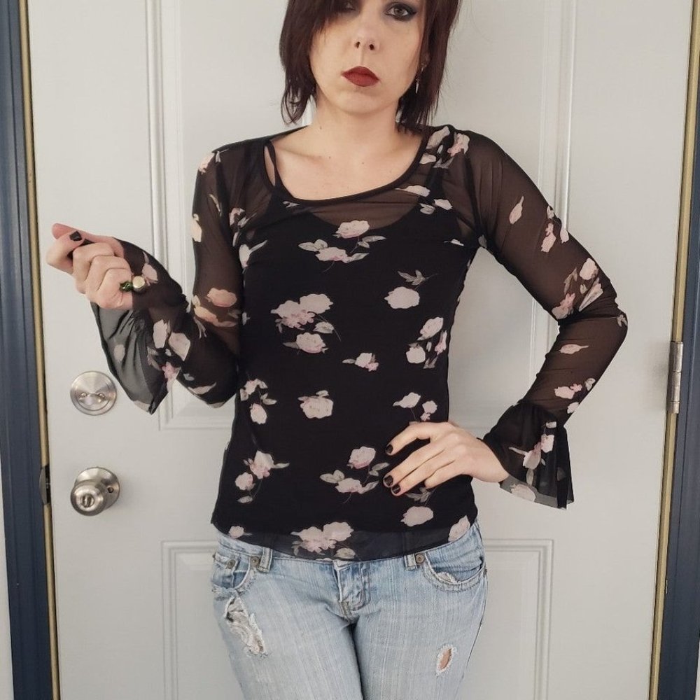 Sheer Black Floral Top with Built in Cami